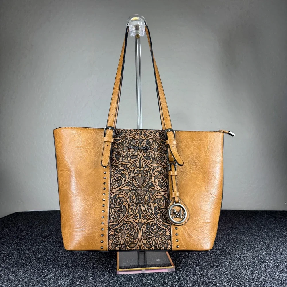 Montana West Tooled Floral Tote Bag Studded Western Shoulder Bag Brown